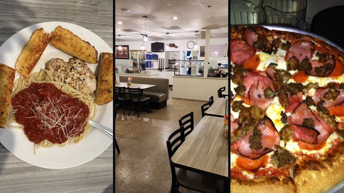 Pizza slices beside a salad bar.