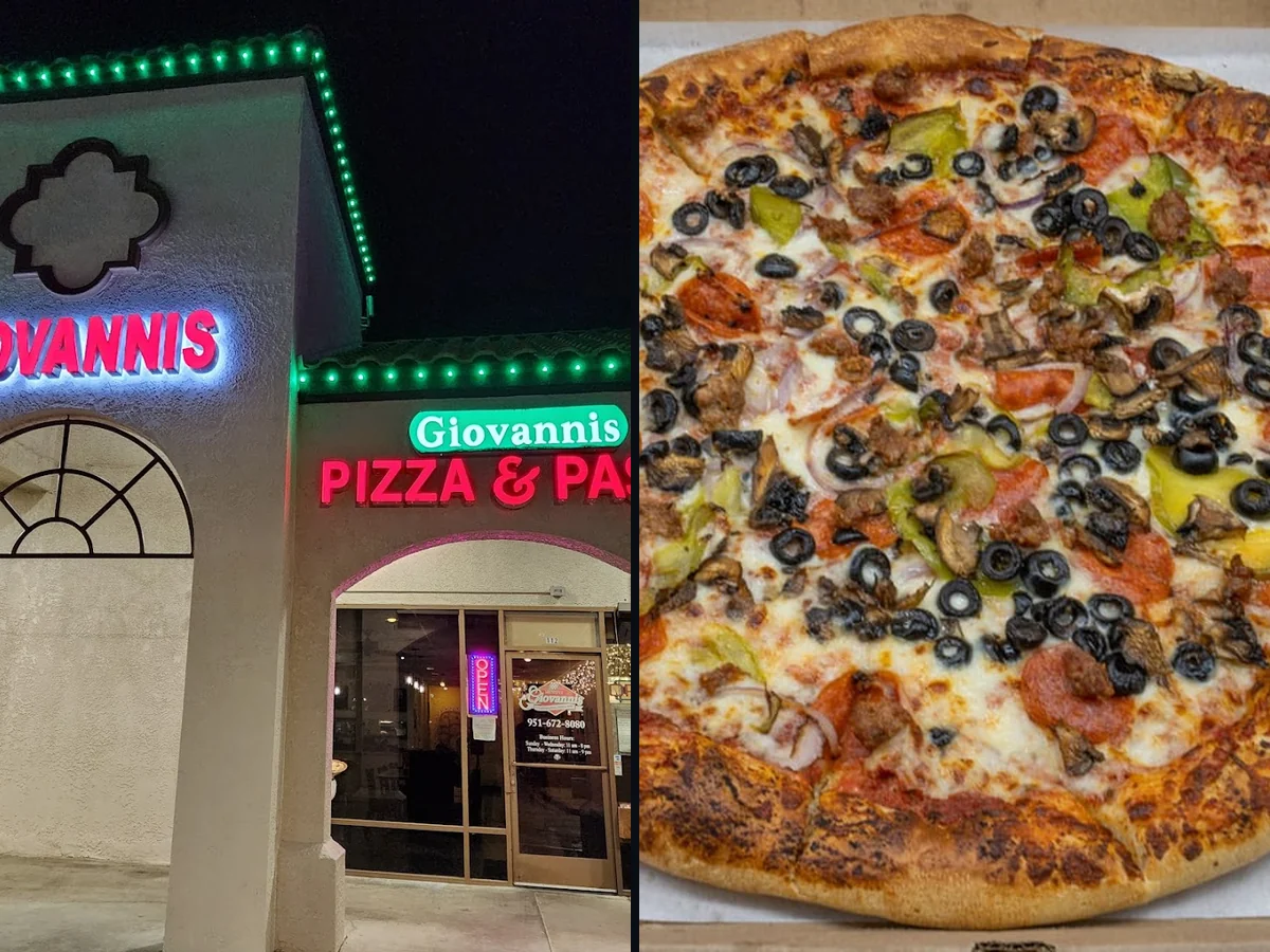 Pizza slices beside a salad bar.