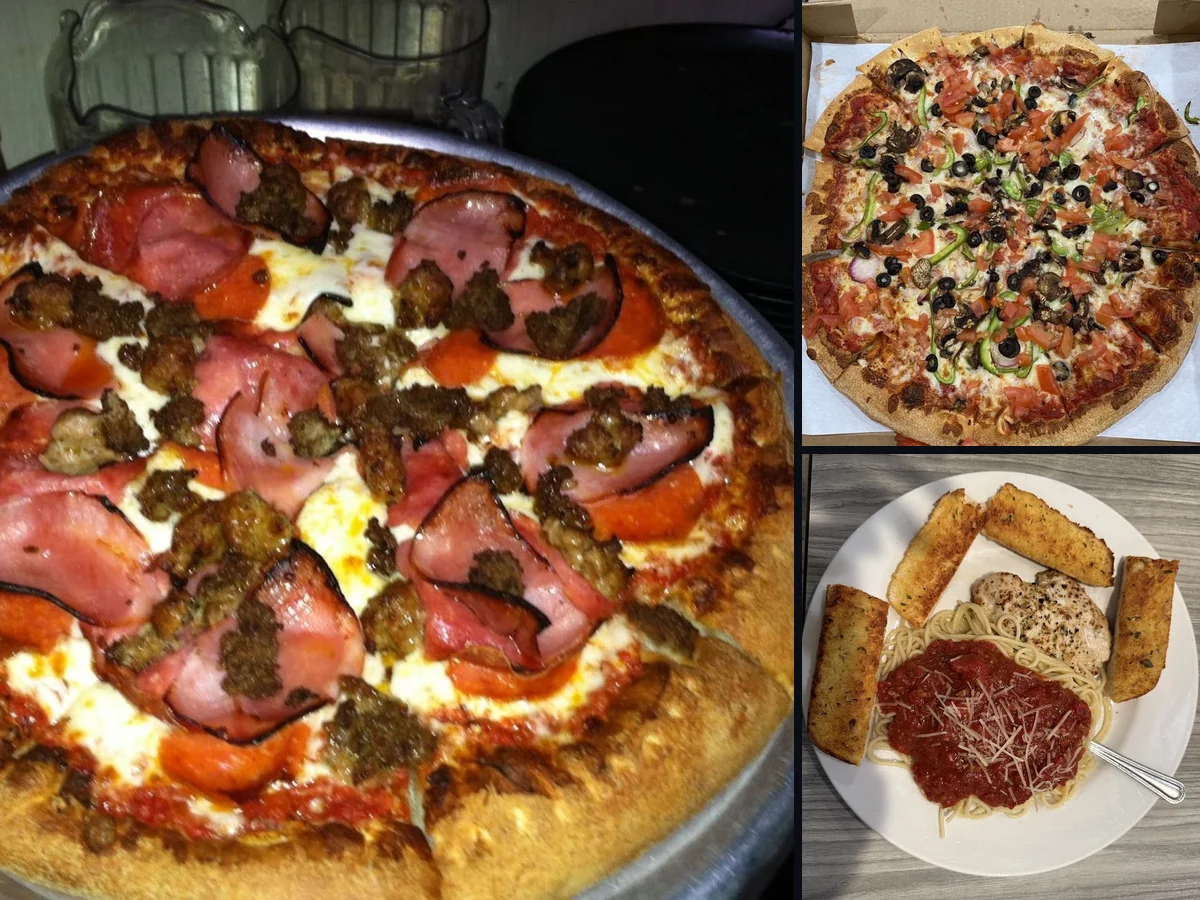 Pizza slices beside a salad bar.