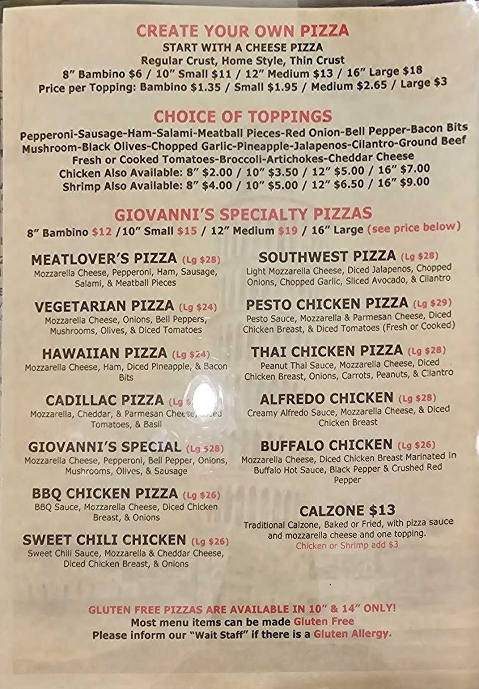 Printed menu with Italian and American entrees.