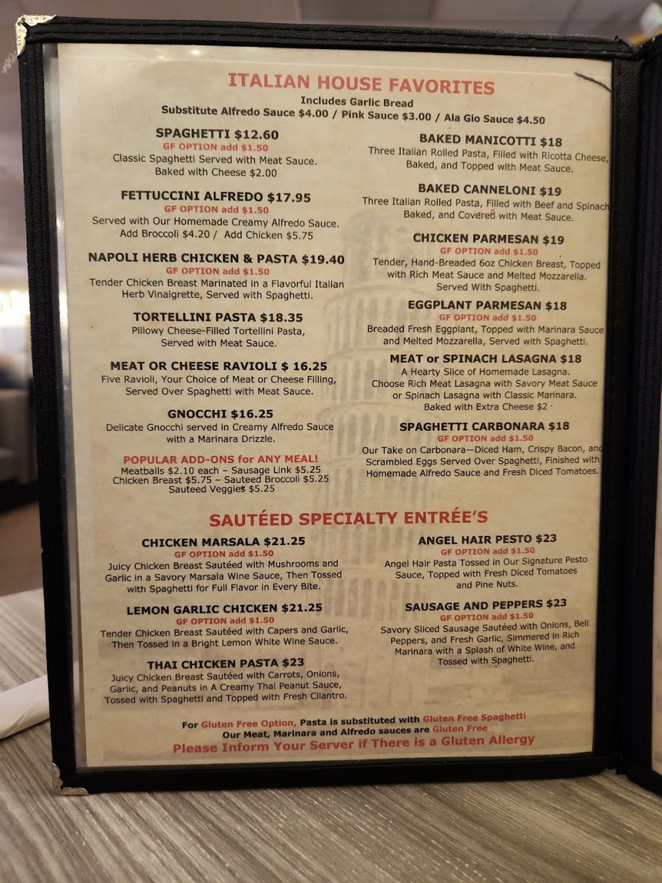 Lunch and dinner dishes on a restaurant menu.
